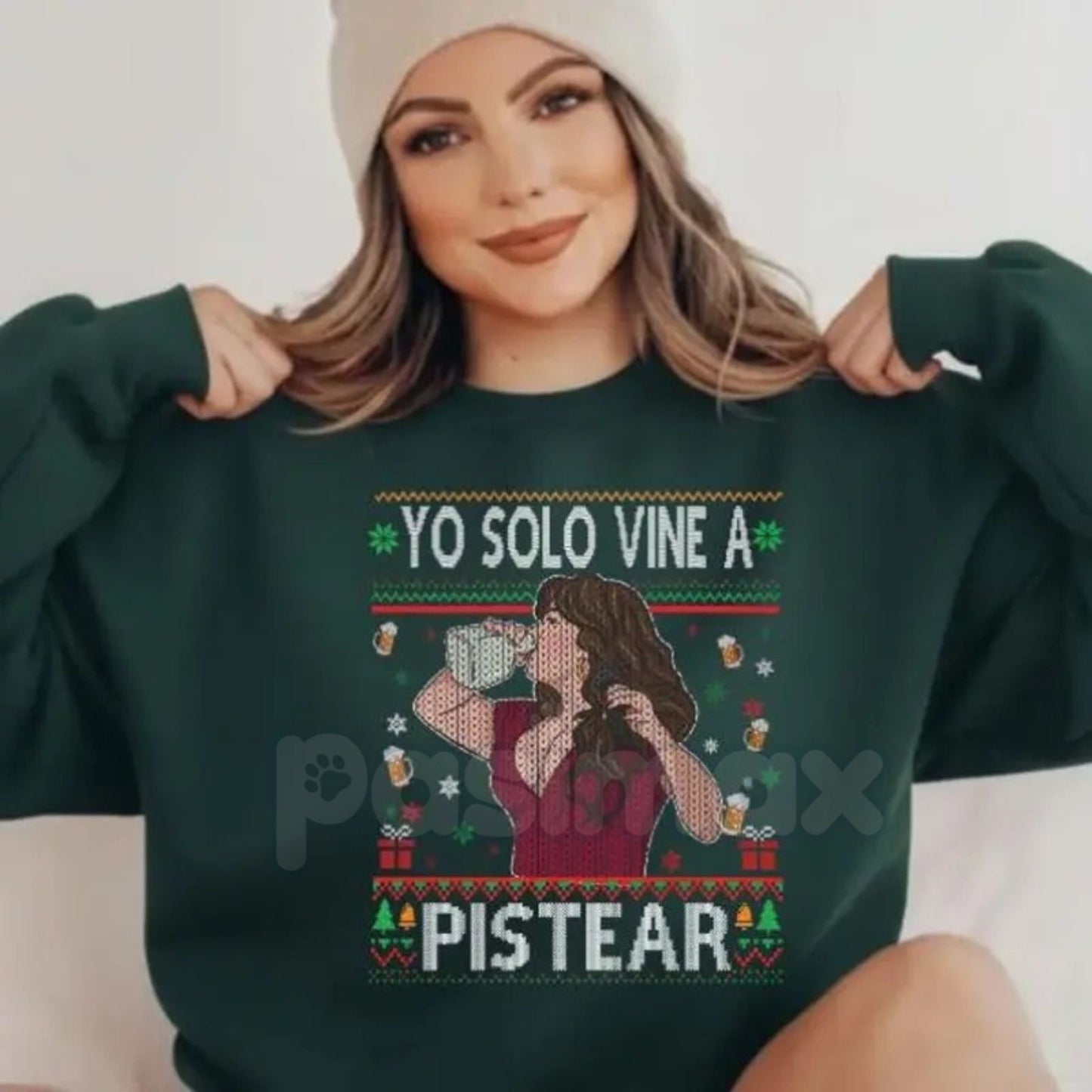 "Yo Solo Vine A Pistear" Ugly Christmas Style Sweatshirt | Spanish Drinking Humor Holiday Party Jumper | Festive Fiesta Top