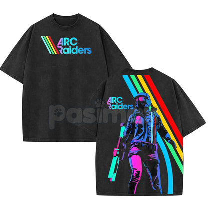 ARC Raiders Retro Synthwave Graphic Tee – Vintage Washed Oversize Sci-Fi Gaming Shirt