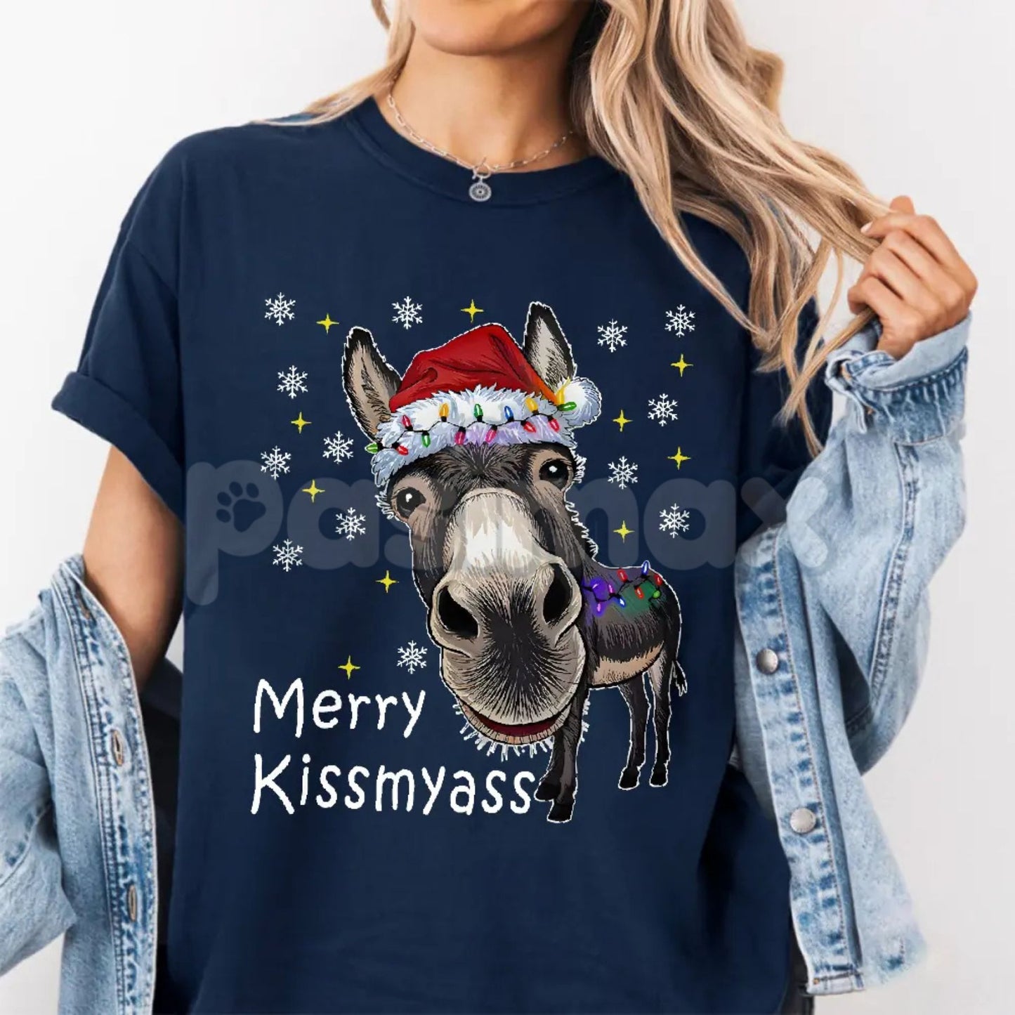 Funny Donkey Santa Hat and MERRY KISSMYASS Christmas Print T-Shirt - Crude Holiday Humor Tee, Edgy Adult Christmas Gift, Funny Donkey Xmas Shirt
