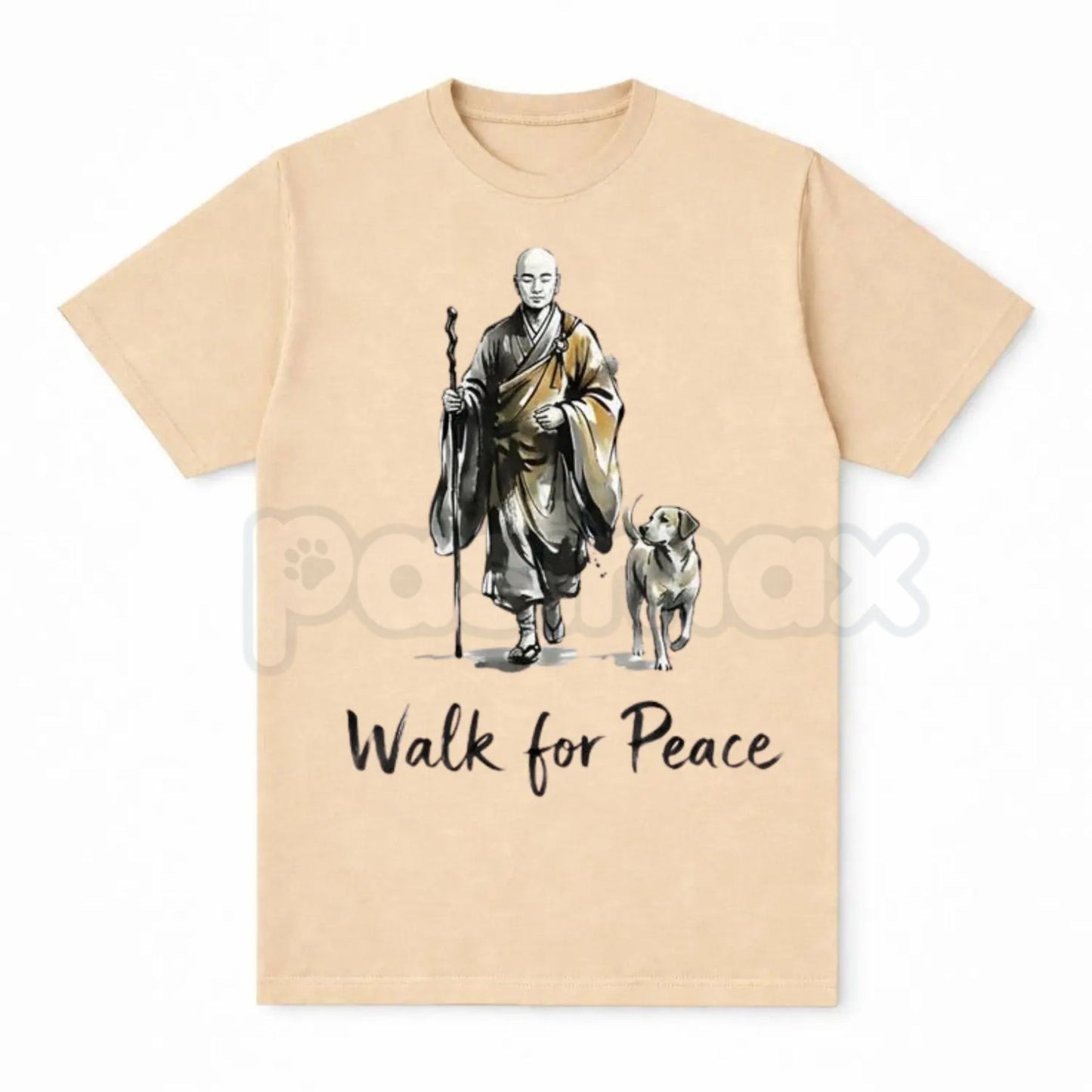 Aesthetic "Walk for Peace" Zen T-Shirt - Minimalist Monk and Dog Graphic Tee, Mindfulness Meditation Apparel, Spiritual Peace Pilgrimage Shirt, Zen Buddhism Inspired Streetwear