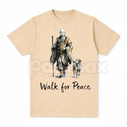 Aesthetic "Walk for Peace" Zen T-Shirt - Minimalist Monk and Dog Graphic Tee, Mindfulness Meditation Apparel, Spiritual Peace Pilgrimage Shirt, Zen Buddhism Inspired Streetwear