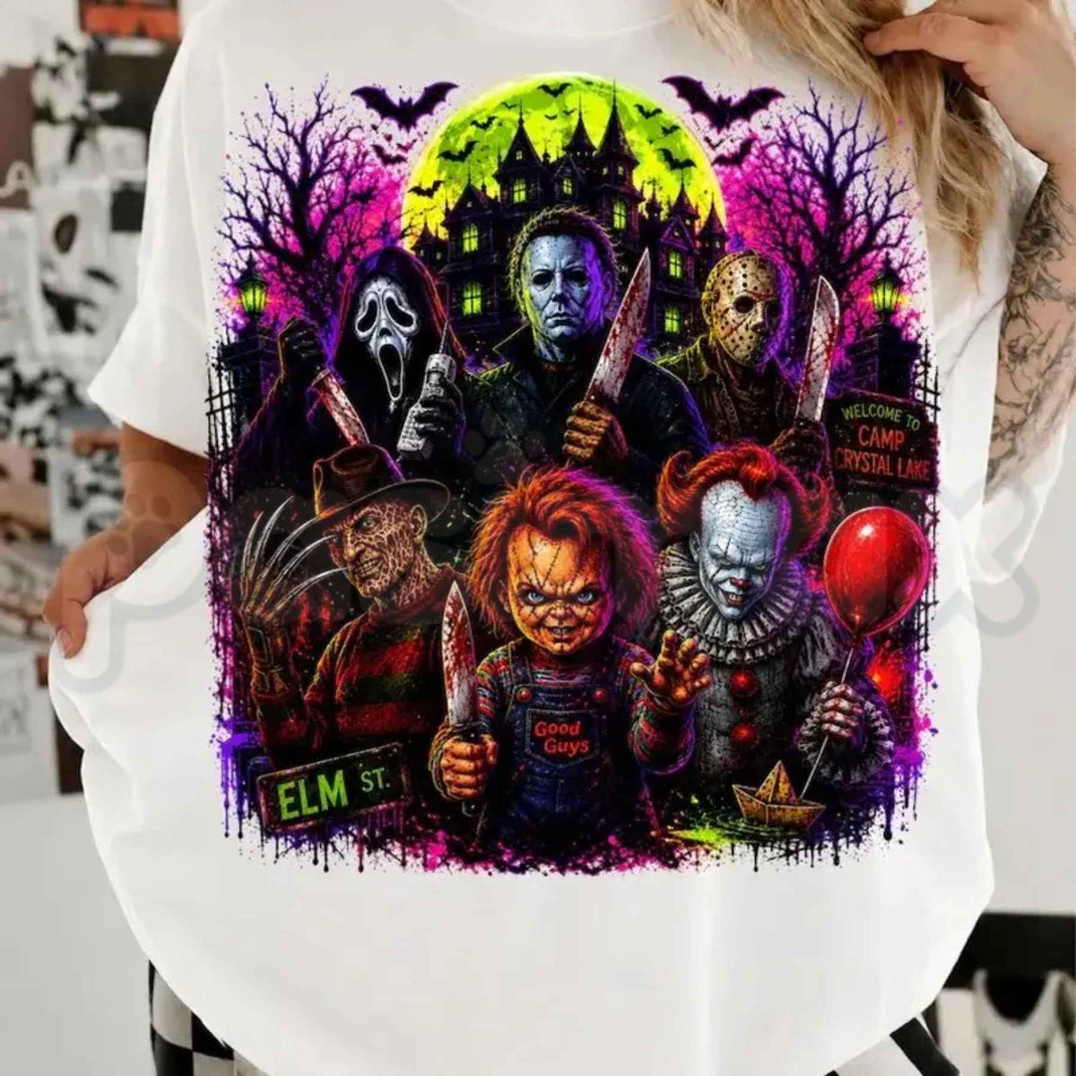 Neon Halloween Horror Movie Characters T-Shirt – Retro Cyberpunk Scary Slashers Unisex Tee