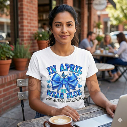 "April We Wear Blue" Autism Awareness T-Shirt – Coquette Bow Puzzle Piece Graphic Tee, Premium 100% Cotton Neurodiversity Top, Soft Lived-In Heavyweight Acceptance Month Shirt, Made in USA