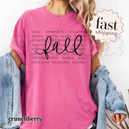 Comfort Colors® Cozy Fall T-Shirt – Autumn Favorites Word Graphic Tee, Pumpkin Patch & Thanksgiving Unisex Top & Gift