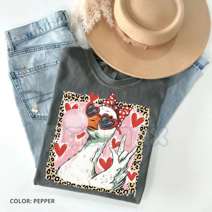 Comfort Colors® "Silly Goose in Love" T-Shirt – Leopard Heart Valentine Goose Tee, Aesthetic Animal Graphic Top, Trendy Coquette Goose Lover Shirt