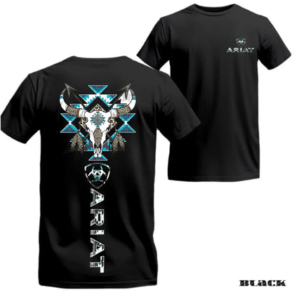 Ariat Western Bull Skull T-Shirt - Tribal Graphic with Turquoise Accents, Rodeo Style Gift Tee