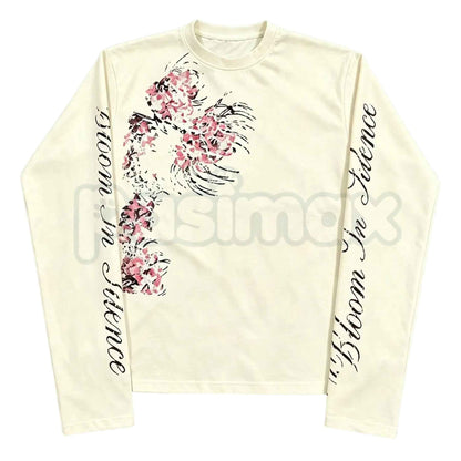 Diagonal Floral Distressed Print Dual Sleeve Script Long Sleeve Tee – Vintage Floral Graphic Shirt for Men & Women