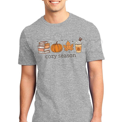 Cozy Season Pumpkin & Books T-Shirt – Autumn Book Lover Women's Cotton Fall Graphic Tee