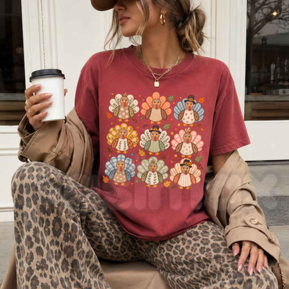 Comfort Colors® Boho Turkey Thanksgiving T-Shirt – Preppy Floral Fall Wild Turkey Graphic Tee, Whimsical Give Thanks Unisex Top & Gift