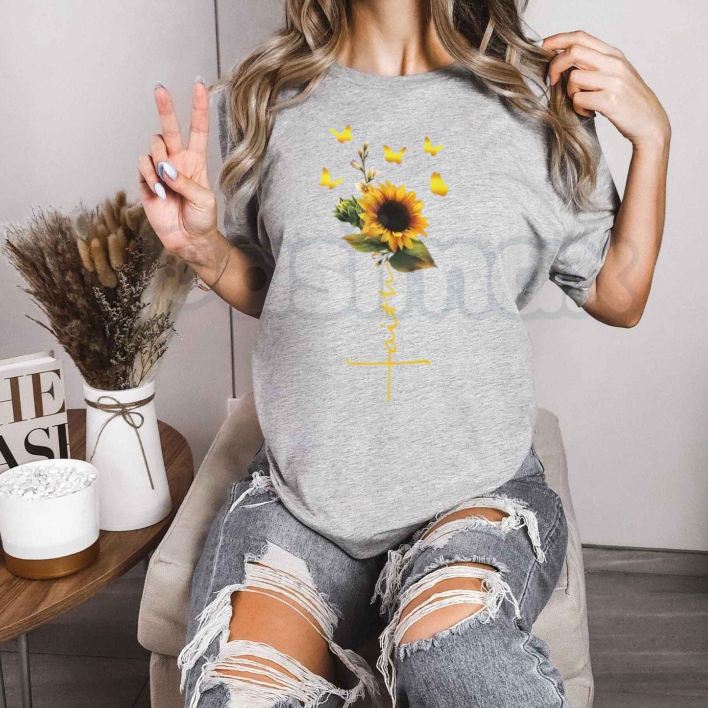 Sunflower Faith Cross T-Shirt – Yellow Butterflies Christian Unisex Cotton Graphic Tee