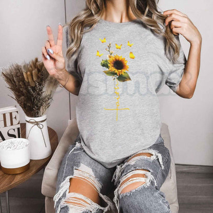 Sunflower Faith Cross T-Shirt – Yellow Butterflies Christian Unisex Cotton Graphic Tee