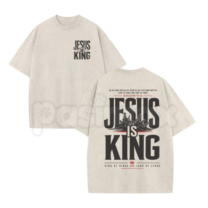 Jesus Is King Christian Washed Shirt – Retro Faith Graphic Tee, Vintage Mineral Wash Lightweight Cotton Unisex Worship Streetwear Top