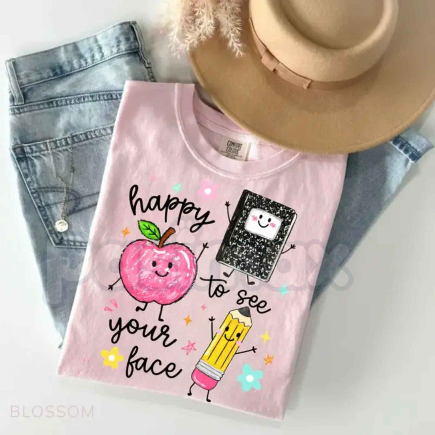 Comfort Colors® "Happy To See Your Face" T-Shirt – Retro Aesthetic Preschool Teacher Graphic Tee, Cute Back to School Gift, Whimsical Classroom Mascot Unisex Top