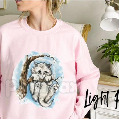 Vintage Kitten Graphic Sweatshirt | Cute Sad Cat in Winter Tree Crewneck | Retro Distressed Kitten Pullover | Coquette Aesthetic Cat Jumper | Whimsical Winter Animal Shirt | Soft Girl Era Cat Lover Gift