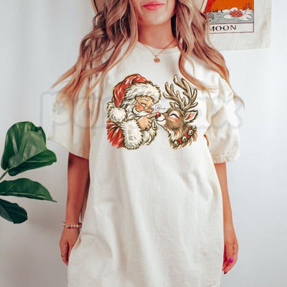 Comfort Colors® Santa & Reindeer Christmas T-Shirt – Retro Holiday Graphic Tee, Vintage North Pole Festive Unisex Top & Winter Gift