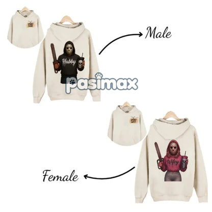 Wifey & Hubby Jason Hoodie – Halloween Couple Outfits, Spooky Wife Husband Pullover