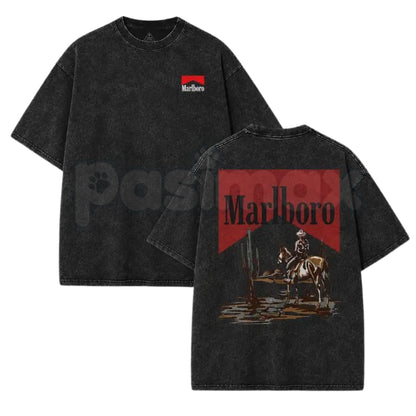 Wash Cowboy Art Streetwear Dark Americana T-Shirt – Retro Western Graphic Tee, Vintage Acid Wash Lightweight Cotton Unisex Summer & Autumn Top