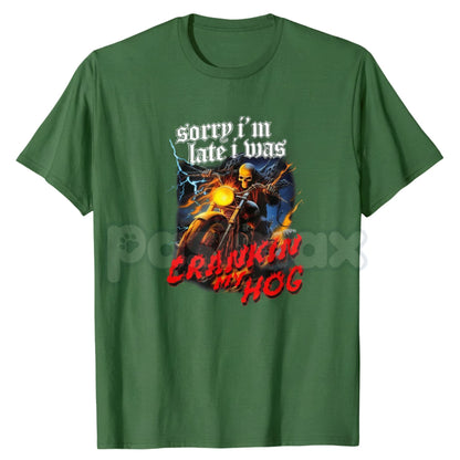 "Crankin My Hog" Horror Skeleton T-Shirt - Funny Biker Humor Graphic Tee, Skeleton Riding Motorcycle Men's Shirt, Sarcastic Irony Biker Culture Apparel