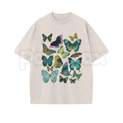 FLUTTER Vintage Wash Graphic Tee – Retro Butterfly Botanical T-Shirt, Vintage Acid Washed Lightweight Cotton Unisex Streetwear Top
