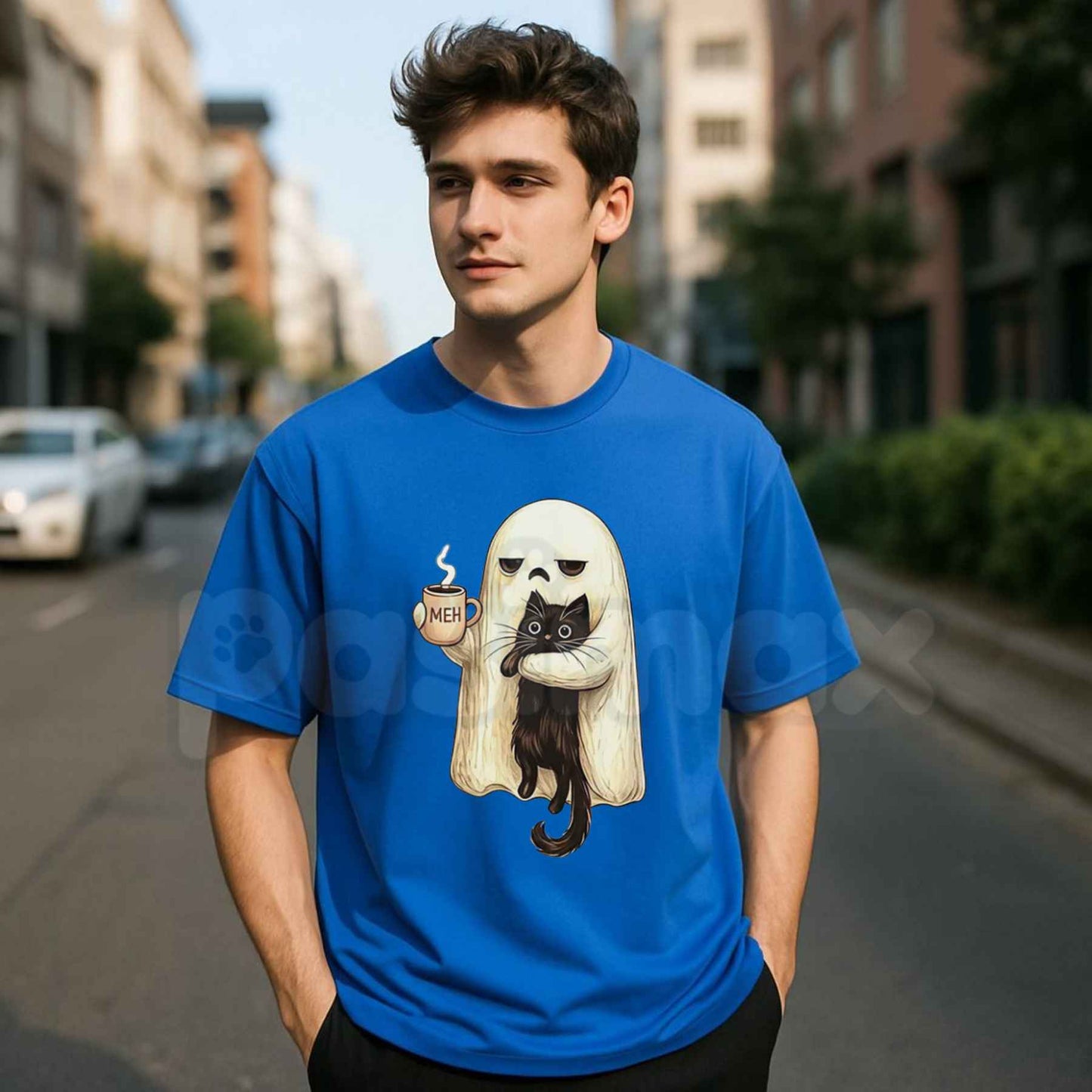 Ghost Cat Spooky Black Cat Halloween T-Shirt – Funny Coffee Lover Spooky Season Unisex Tee