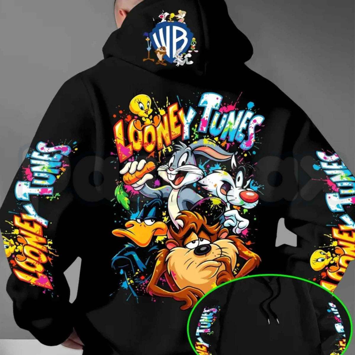 Men's Looney Tunes Back Print Hoodie – Vintage Cartoon Character Graphic Pullover, Retro Streetwear Long Sleeve Sweatshirt