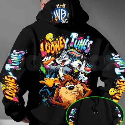 Men's Looney Tunes Back Print Hoodie – Vintage Cartoon Character Graphic Pullover, Retro Streetwear Long Sleeve Sweatshirt