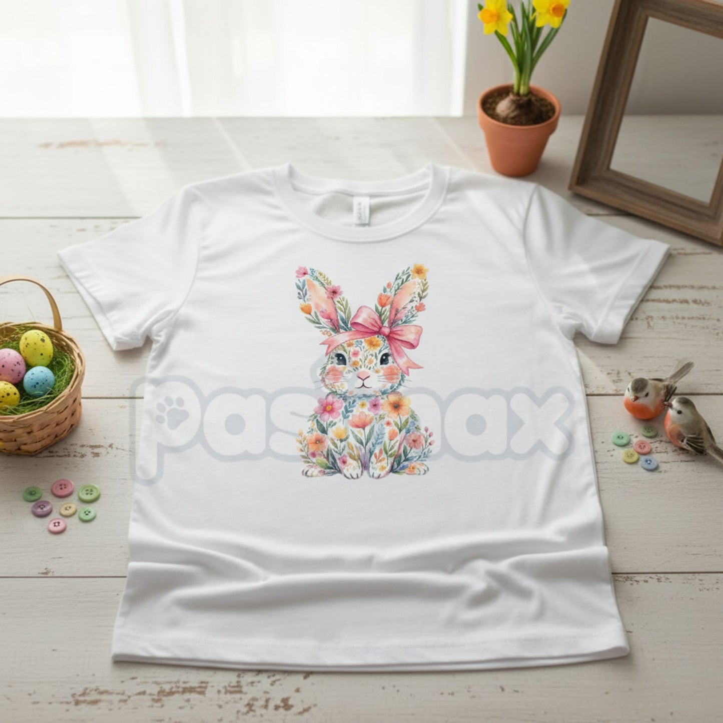 Easter Bunny with Pink Bow & Colorful Swirls T-Shirt - Vibrant Spring Floral Graphic Tee, Premium 100% Cotton Easter Holiday Top, Aesthetic Bunny Lover Gift, Colorful Artistic Swirls Shirt, Soft Lived-In Heavyweight Seasonal Apparel