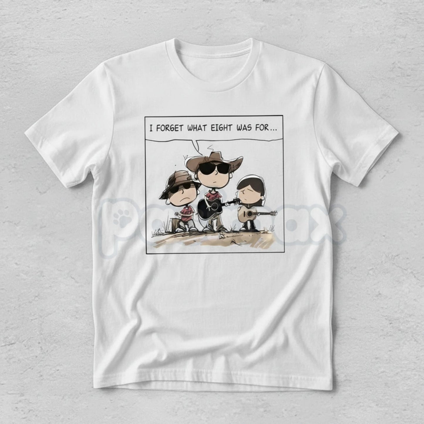 "I FORGET WHAT EIGHT WAS FOR" Funny Cartoon Cowboy Band T-Shirt - Absurdist Quote Meme Tee, Western Humor Statement Shirt, Niche Comedy Apparel