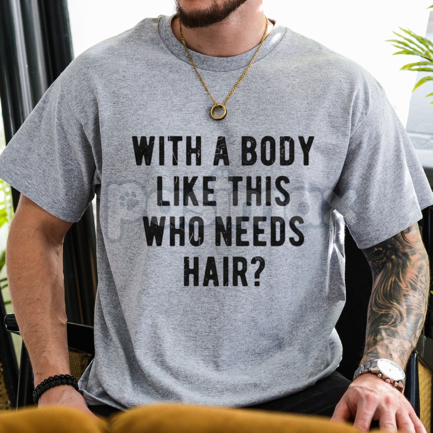 "With A Body Like This Who Needs Hair" T Shirt - Funny Balding Dad Bod Tee Mens, Self-Deprecating Humor Gift, Ironic Statement Top