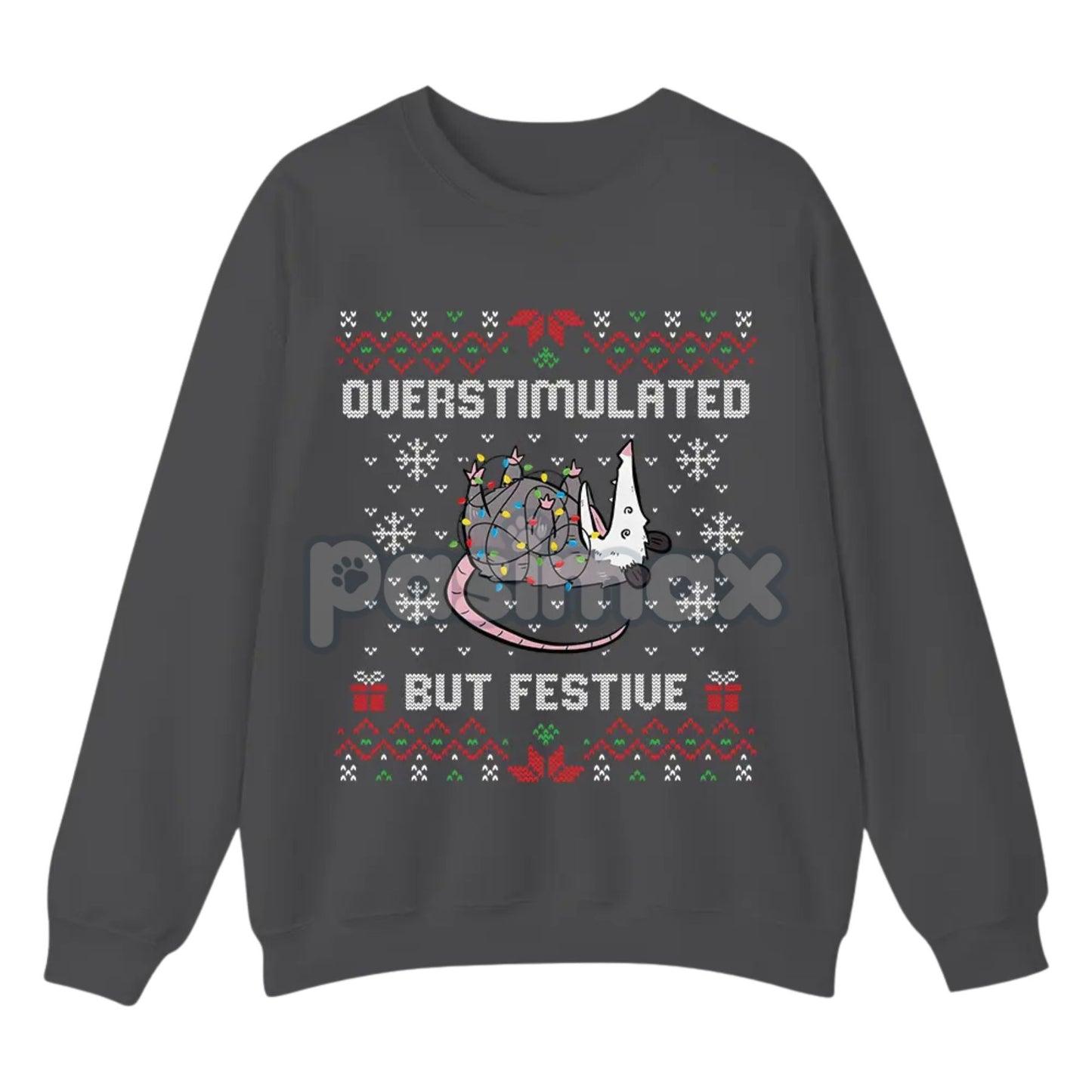 Funny Opossum Christmas Sweatshirt – "Overstimulated But Festive" Ugly Holiday Top