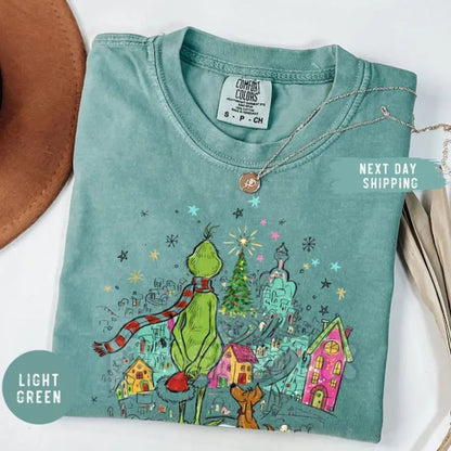 Comfort Colors® Max Dog & The Grinch Christmas Tee – Whoville Tree Holiday Graphic Shirt, Vintage Aesthetic Xmas