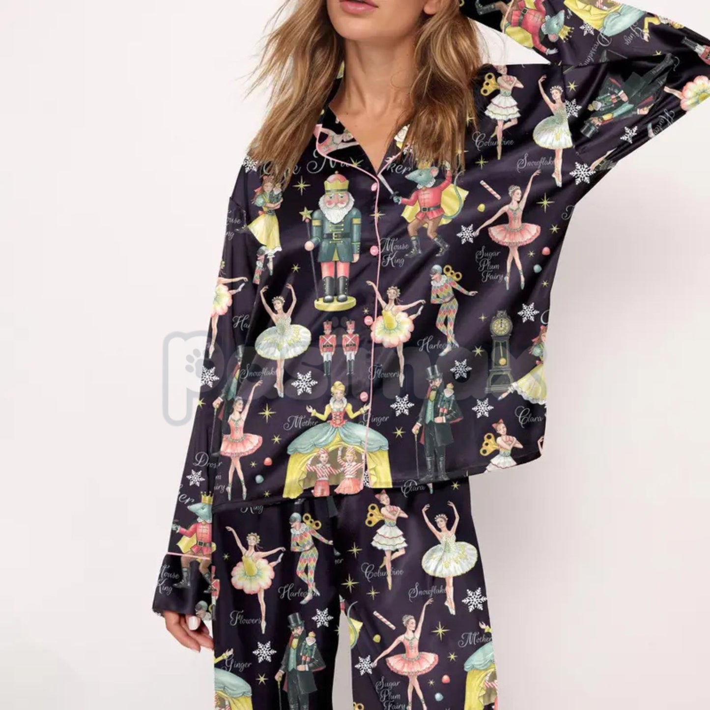 Silky Nutcracker Christmas Pajama Set for Women - Elegant Ballet Print Loungewear & Holiday Sleepwear