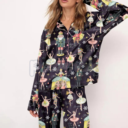 Silky Nutcracker Christmas Pajama Set for Women - Elegant Ballet Print Loungewear & Holiday Sleepwear