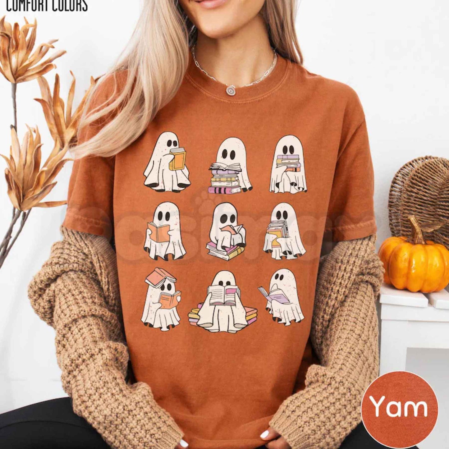 Comfort Colors® Ghost Reading Book T-Shirt – Girly Bookish Halloween Teacher & Librarian Graphic Tee, Cozy Fall Unisex Top