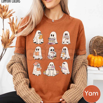 Comfort Colors® Ghost Reading Book T-Shirt – Girly Bookish Halloween Teacher & Librarian Graphic Tee, Cozy Fall Unisex Top