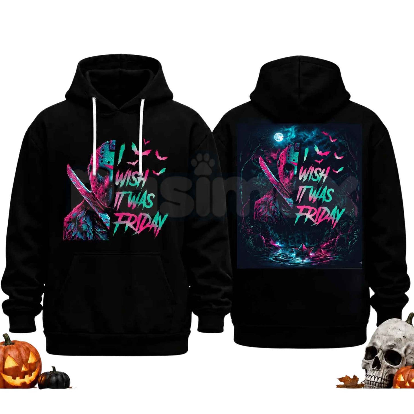 Unisex Horror Movie Villain Double Sided Graphic Hoodie – Retro Neon Scary Character Pullover, Vintage Spooky Halloween Gift Sweatshirt