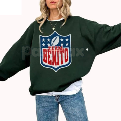 Team Benito Sweatshirt | Retro Football Shield Graphic Crewneck | Bad Bunny Fan Apparel | Aesthetic Reggaeton Jumper | Vintage Varsity Sports Pullover | Puerto Rico Music Fan Gift
