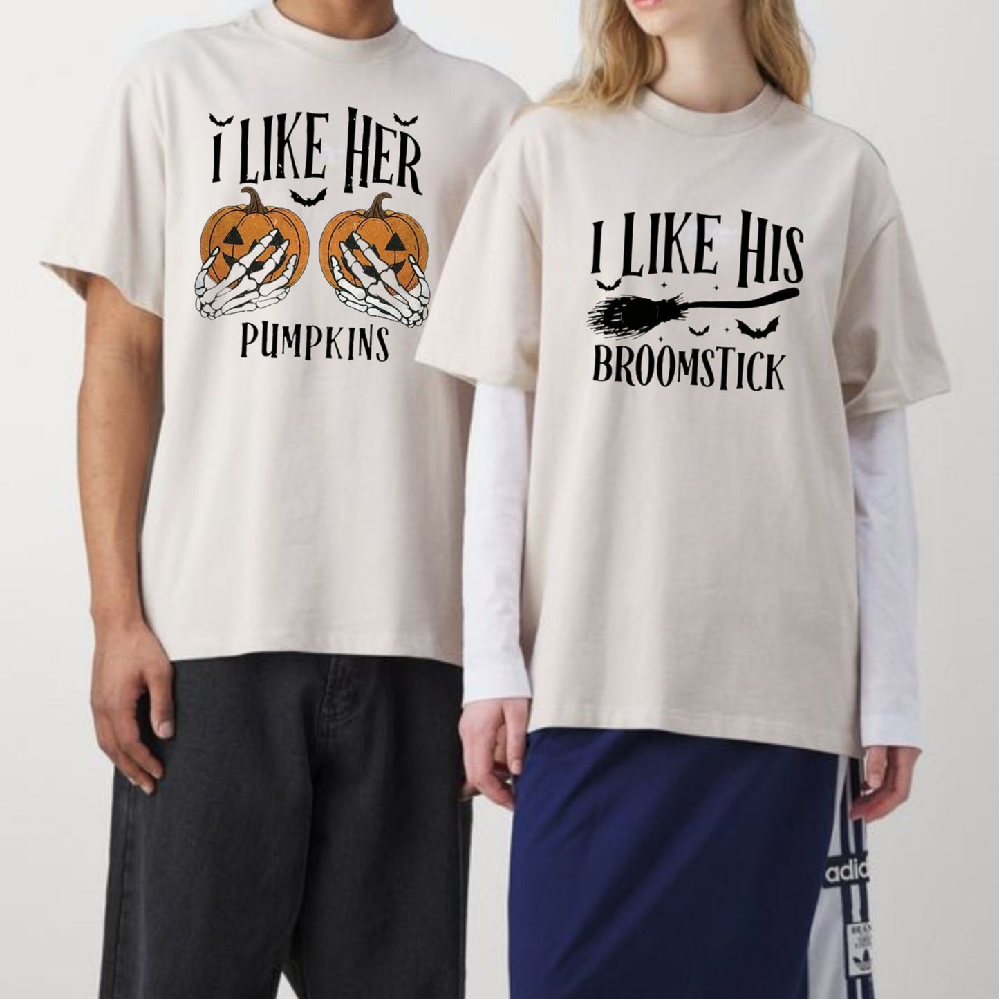 "I Like Her Pumpkins / I Like His Broomstick" T-Shirts - Funny Matching Couple Halloween Tees, Casual Spooky Style