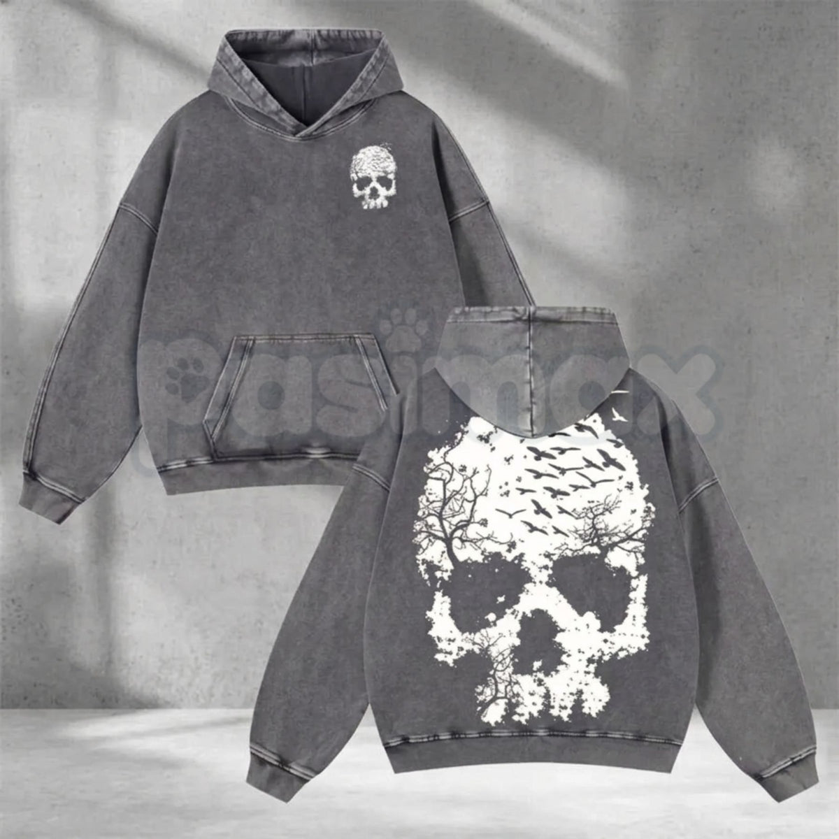Vintage Washed Skull Print Oversized Hoodie – Distressed Skeleton Graphic Pullover, Minimal Dark Aesthetic Streetwear