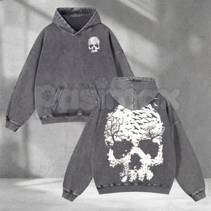 Vintage Washed Skull Print Oversized Hoodie – Distressed Skeleton Graphic Pullover, Minimal Dark Aesthetic Streetwear