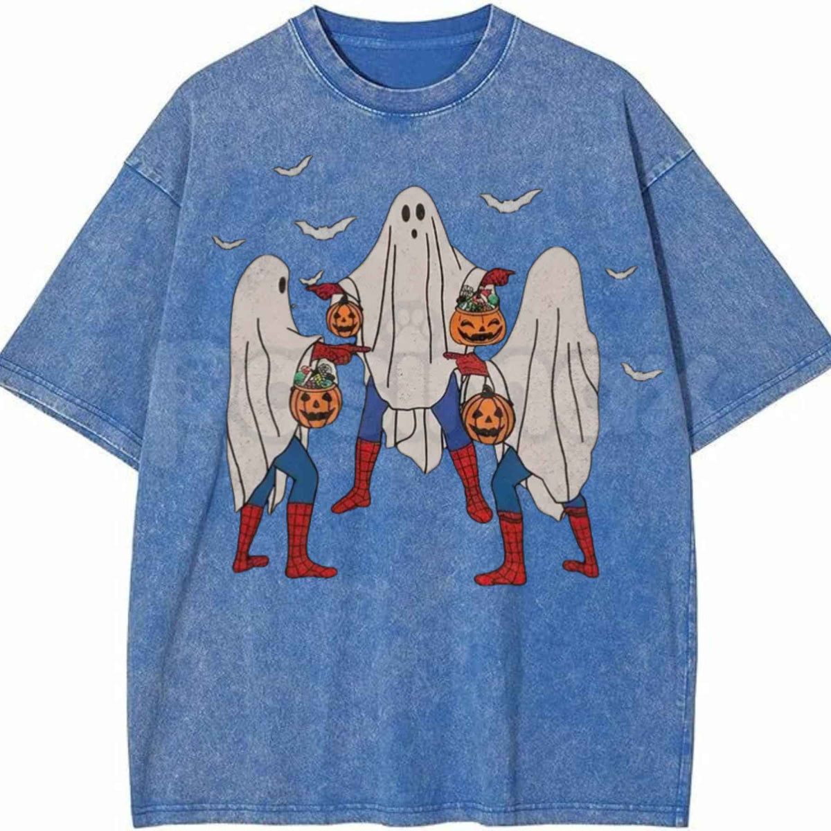 Vintage Wash Spooky Spiderman Ghost Costume Halloween Graphic Tee – Retro Superhero Spooky Season Shirt, Acid Wash Lightweight Cotton Unisex Top
