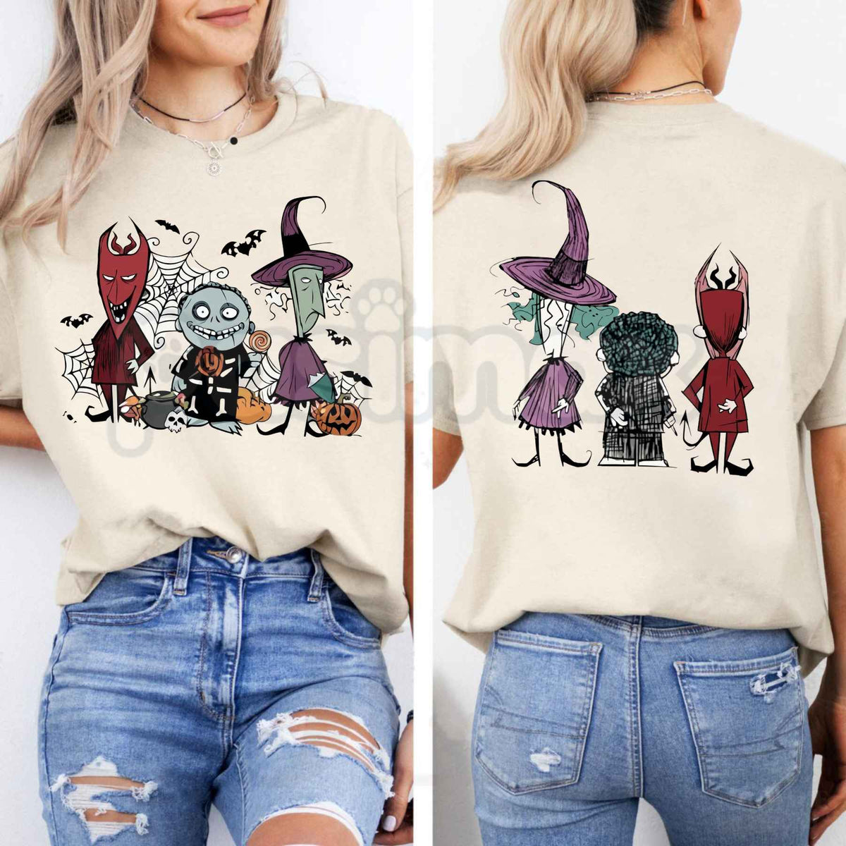 Spooky Trio Halloween T-Shirt – Retro Ghost Pumpkin Skeleton Unisex Graphic Tee