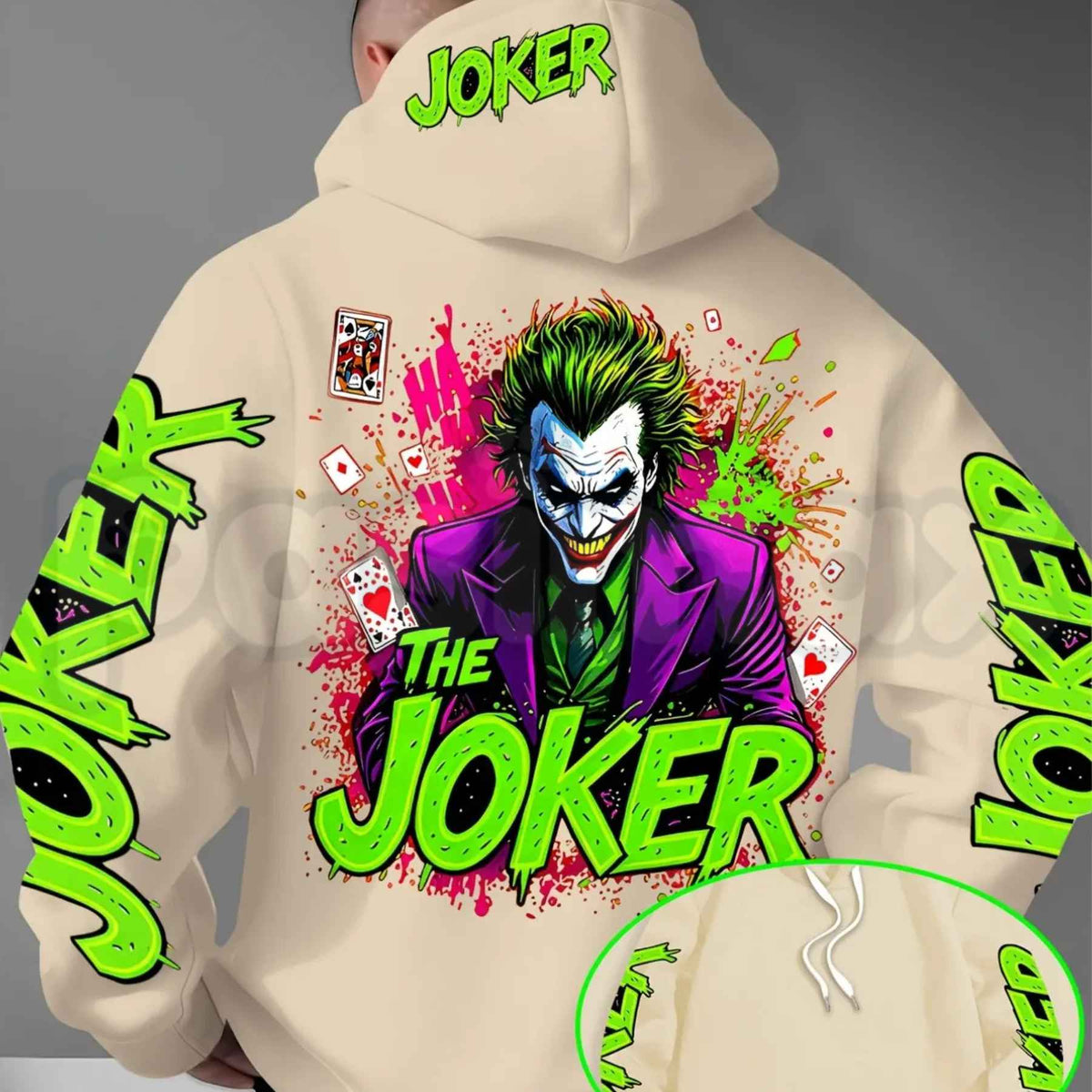 Men's Fluorescent Joker Print Hoodie – Neon Villain Graphic Pullover, Edgy Streetwear Cyberpunk Sweatshirt, Spooky Dark Comedy Gift