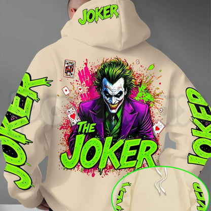 Men's Fluorescent Joker Print Hoodie – Neon Villain Graphic Pullover, Edgy Streetwear Cyberpunk Sweatshirt, Spooky Dark Comedy Gift