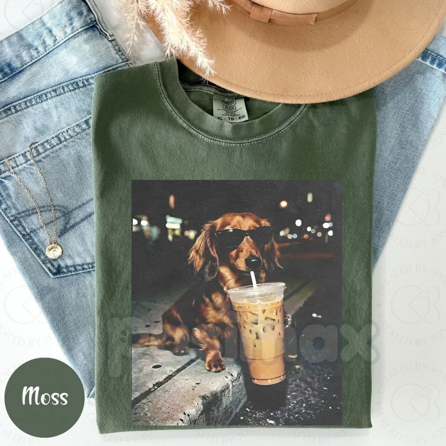 Comfort Colors® Funny Dachshund Iced Coffee T-Shirt – Retro Weiner Dog Caffeine Lover Tee, Cute Doxie Mama Gift, Aesthetic Iced Coffee Raccoon Style Shirt