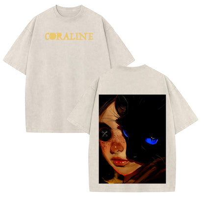 Coraline Retro Vintage T-Shirt – Washed Heavyweight Cotton, Unisex Movie Merch Tee