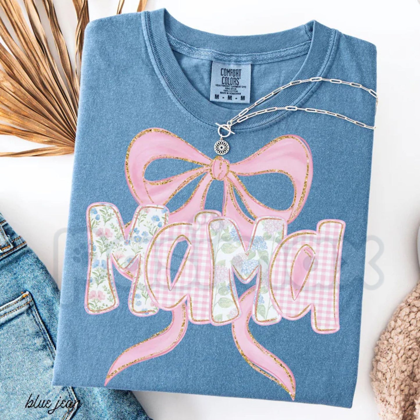 Comfort Colors® Floral "MAMA" T-Shirt – Trendy Spring Flower Mom Shirt, Aesthetic Blue and Pink Bow Tee, Preppy Pregnancy Reveal Gift for Her