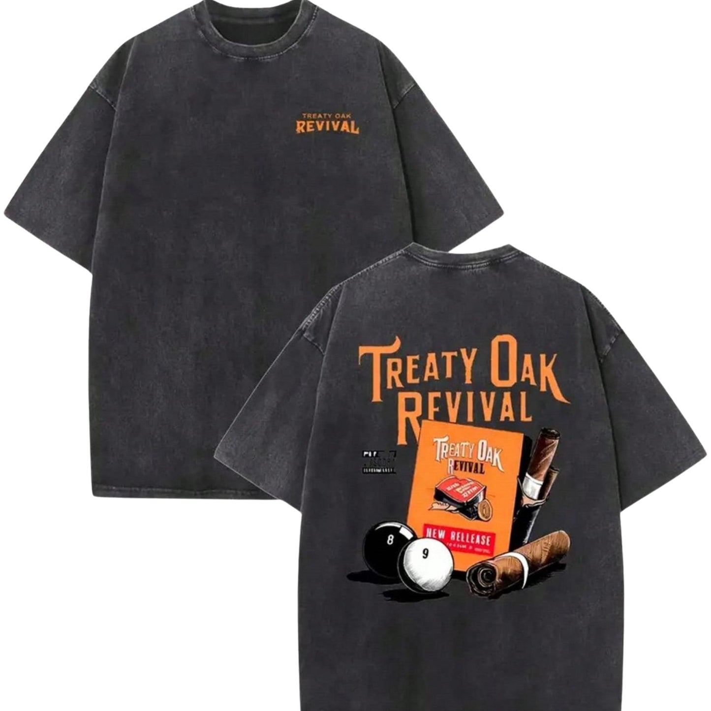 Retro Treaty Oak Revival Graphic T-Shirt – Black & Orange Print, Washed Cotton Band Tee