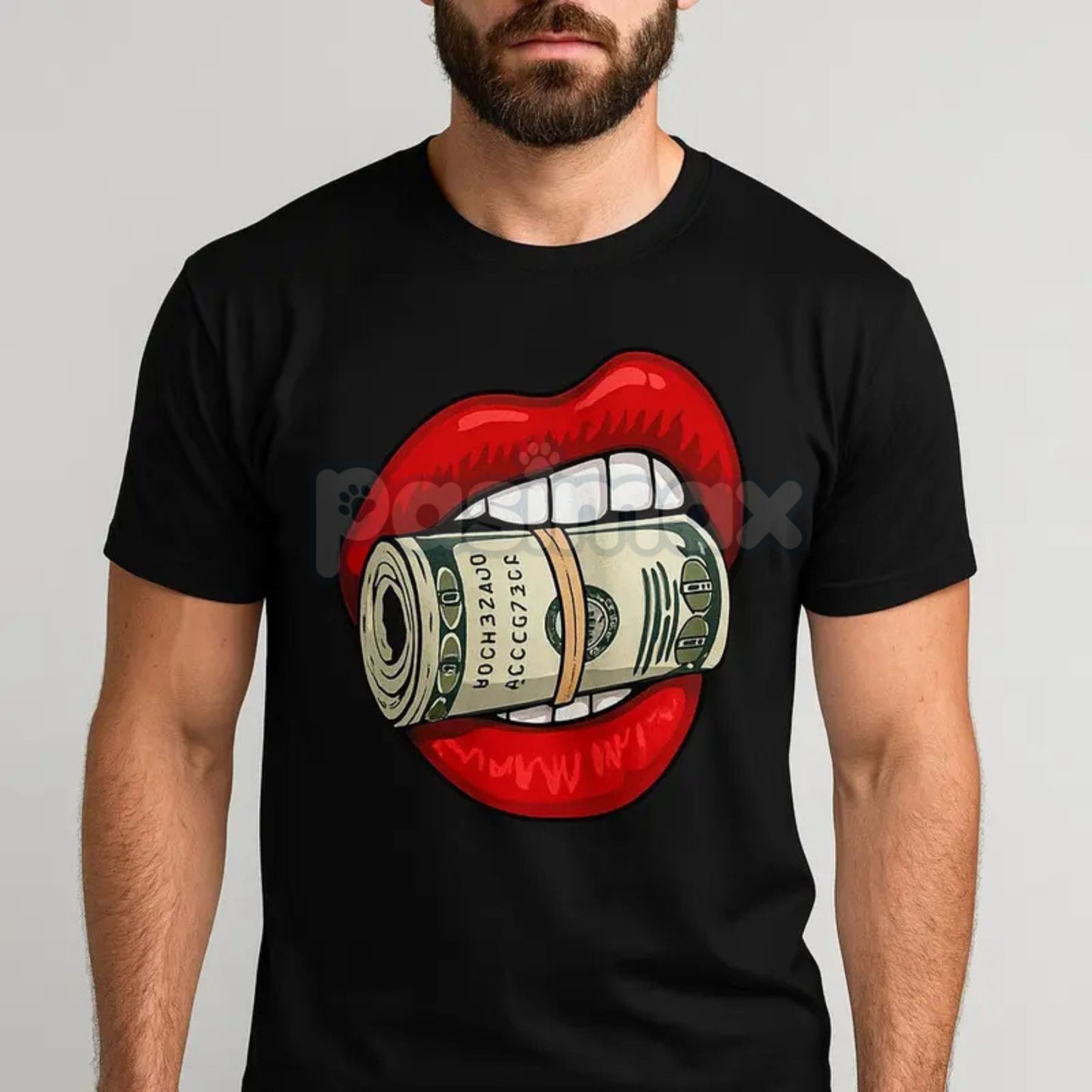 Oversized Red Lips Biting Cash Roll Graphic Tee - Edgy Streetwear Shirt, Luxury Lifestyle Apparel