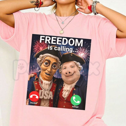 John Pork Freedom Is Calling Fourth Of July T-Shirt – Funny Tung Tung Tung Sahur Meme Tee, Patriotic 4th of July Humorous Shirt